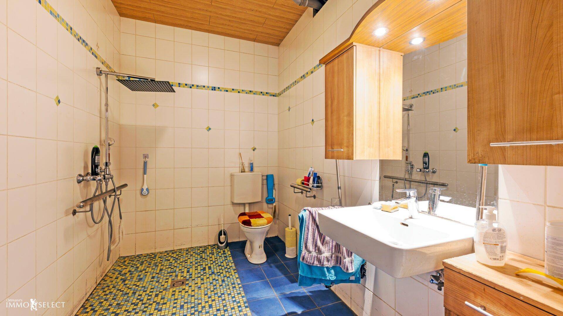 Barrierefreies Badezimmer mit ebenerdiger Dusche, Haltegriffen und bunten Fliesen, zugänglich und hell.