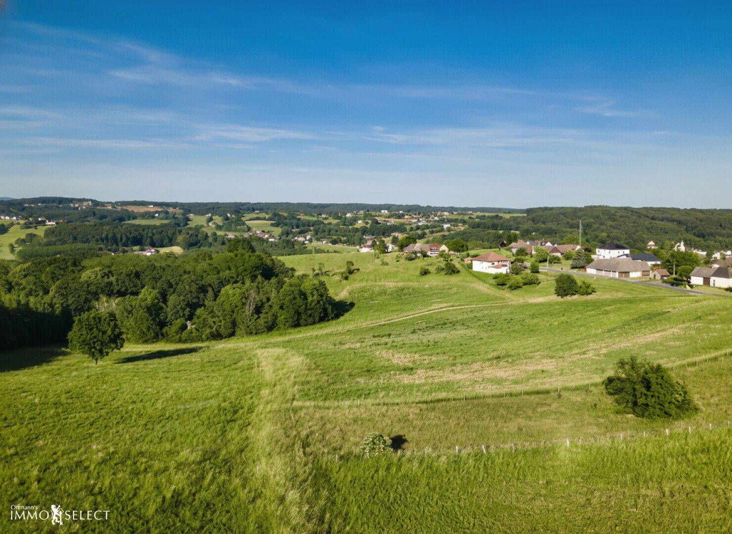 Weitläufige Luftaufnahme der grünen, hügeligen Landschaft mit verstreuten Häusern unter blauem Himmel.