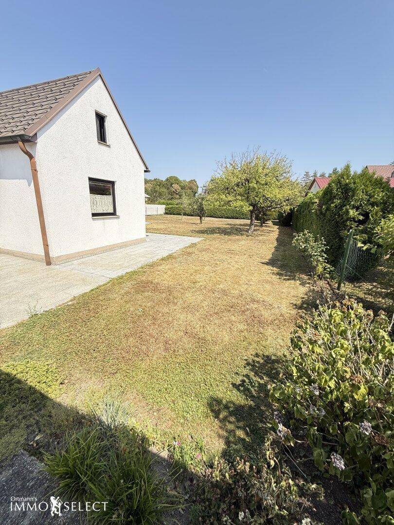 Großer Gartenbereich mit Rasenfläche und Obstbäumen neben dem Haus unter blauem Himmel.