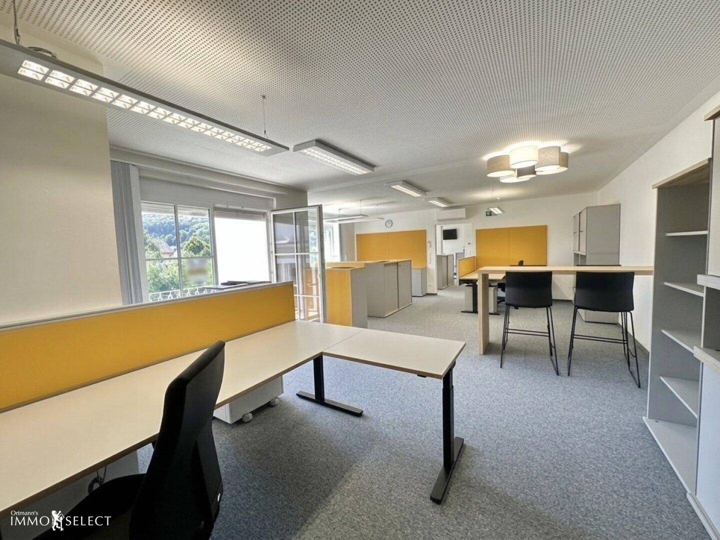 Geräumiges Großraumbüro mit vielen Arbeitsplätzen, Teppichboden und weitem Ausblick.
