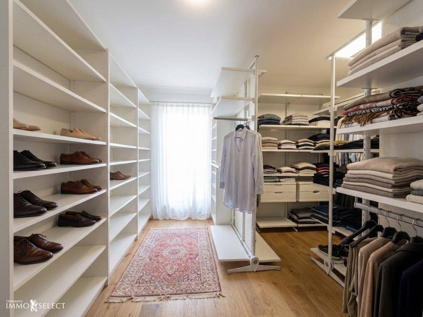 Geräumiger begehbarer Kleiderschrank mit vielen Regalen für Kleidung und Schuhe.