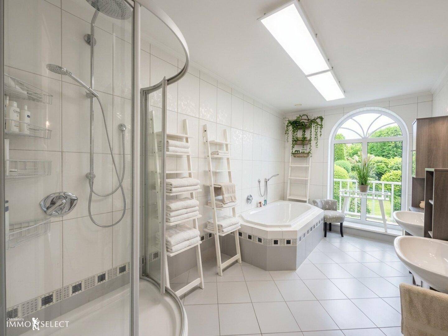 Geräumiges Badezimmer mit weißen Fliesen, Eckbadewanne, Duschkabine und Doppelwaschbecken.