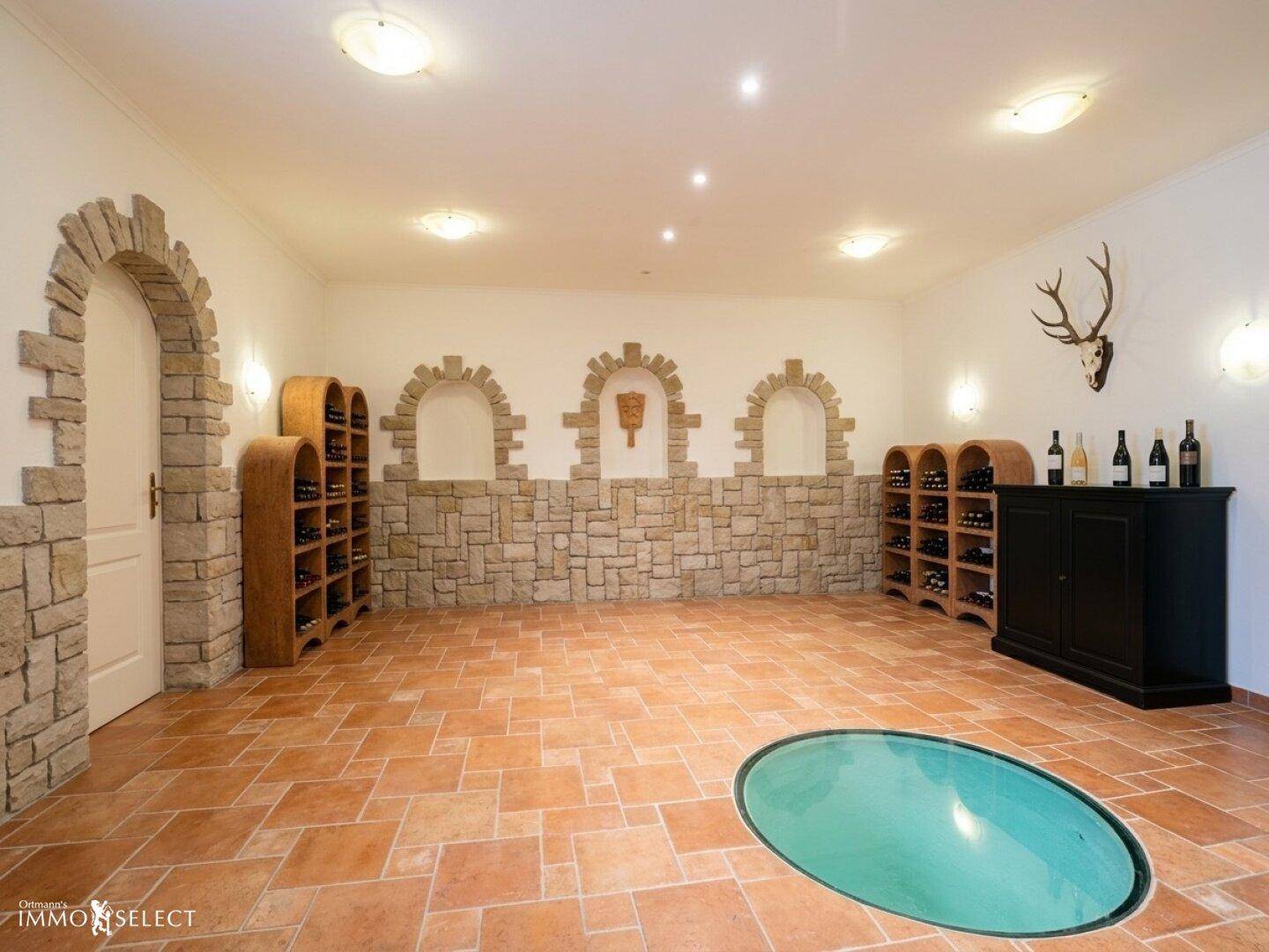Gemütlicher Weinkeller mit Terrakottafliesen, Steinwand und zahlreichen Weinregalen.