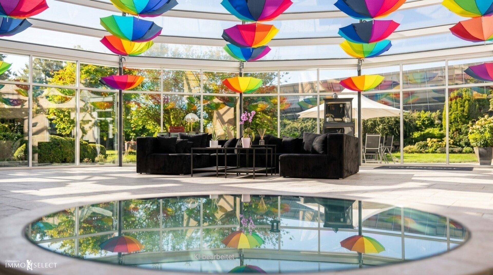 Heller Wintergarten mit bequemen schwarzen Sofas, bunten Regenschirmen und reflektierendem Boden.
