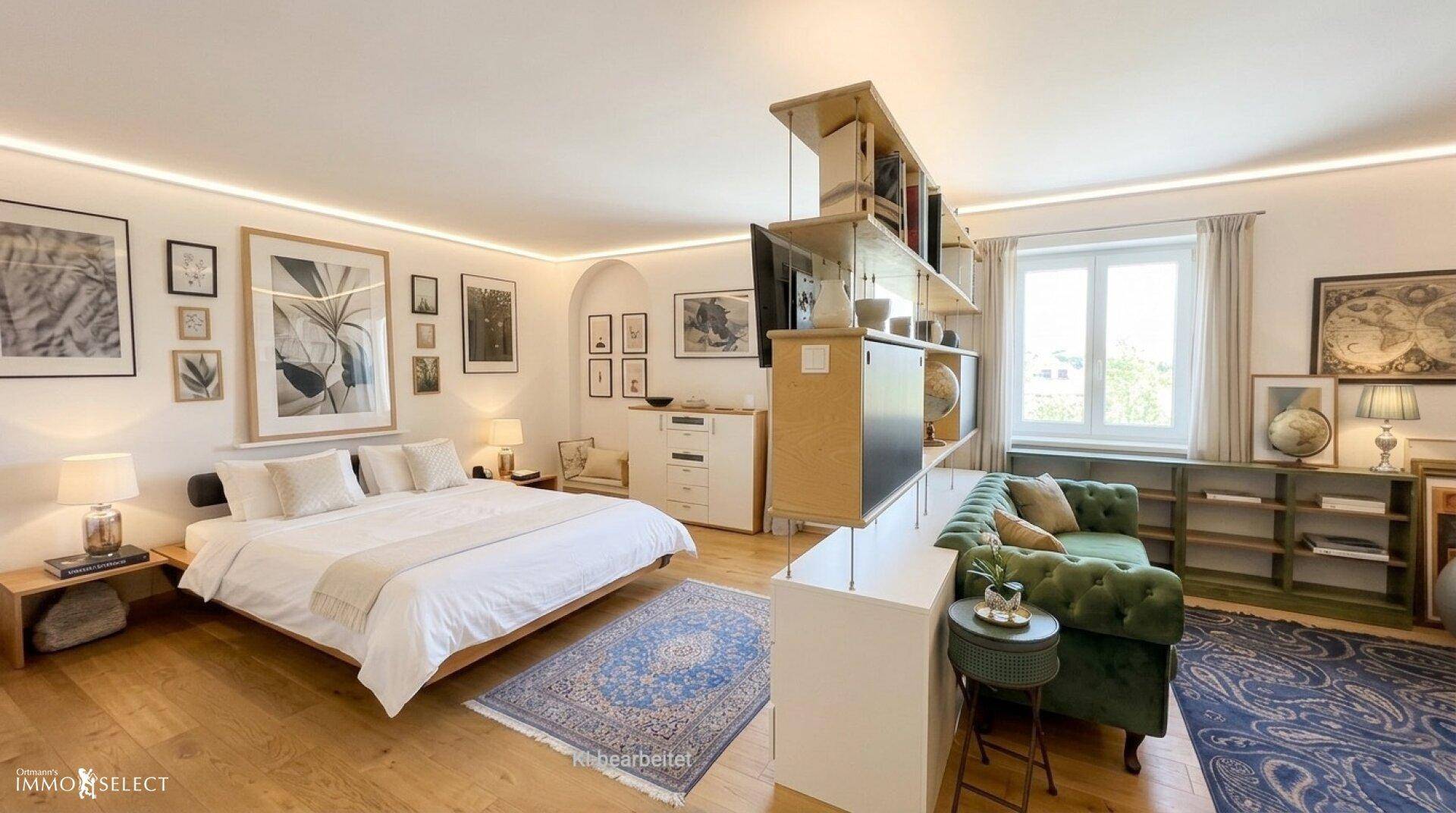 Helles Schlafzimmer mit großem Bett, Sofa und einem praktischen Raumteiler mit Regal.