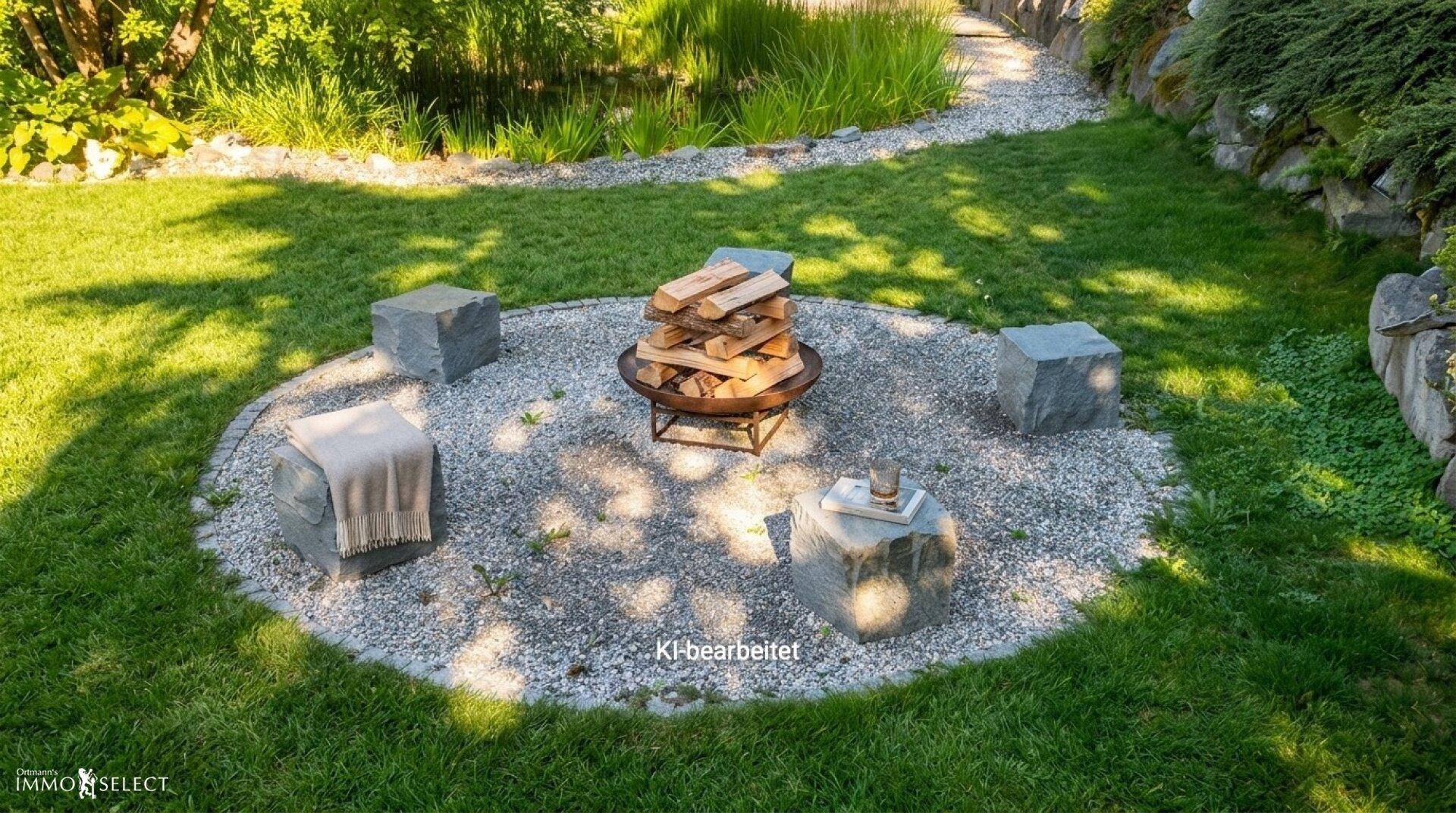 Gemütliche Feuerstelle im Garten mit Sitzgelegenheiten aus Stein und Holz für entspannte Abende.