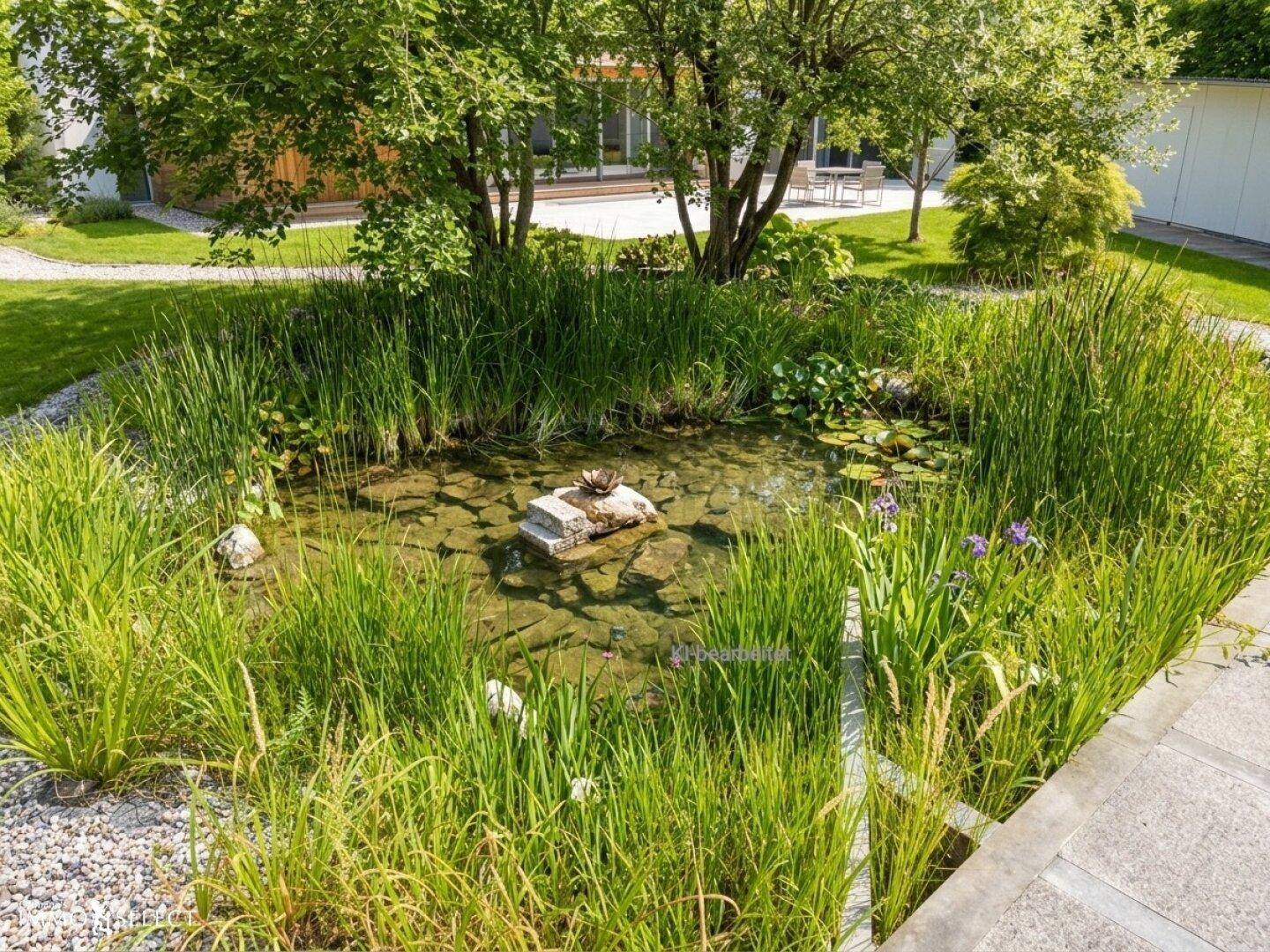 Natürlicher Teich mit Wasserpflanzen und üppigem Grün in einem gepflegten Gartenbereich.