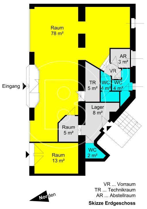 Grundriss des Erdgeschosses mit mehreren Räumen, Lagerflächen und Toiletten, insgesamt 78 m² Hauptfläche.