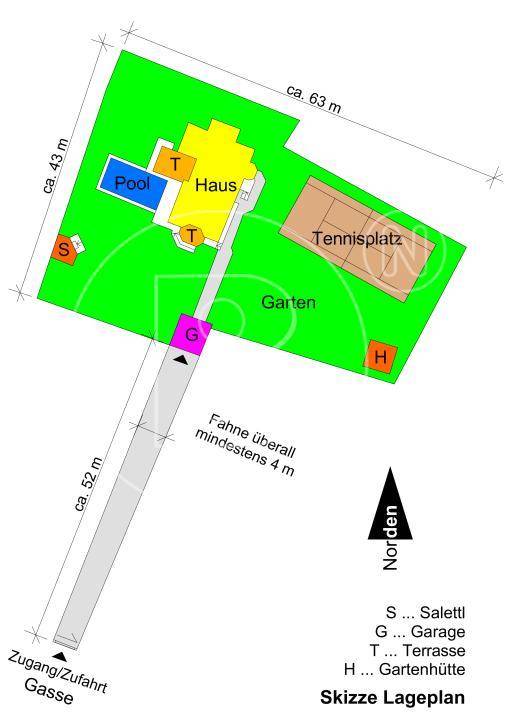 Lageplan des Grundstücks mit Haus, Pool, Tennisplatz und großzügigen Gartenbereichen.