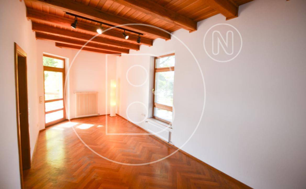 Helles Zimmer mit Fischgrätparkett, sichtbaren Holzdeckenbalken und großen Fenstern.