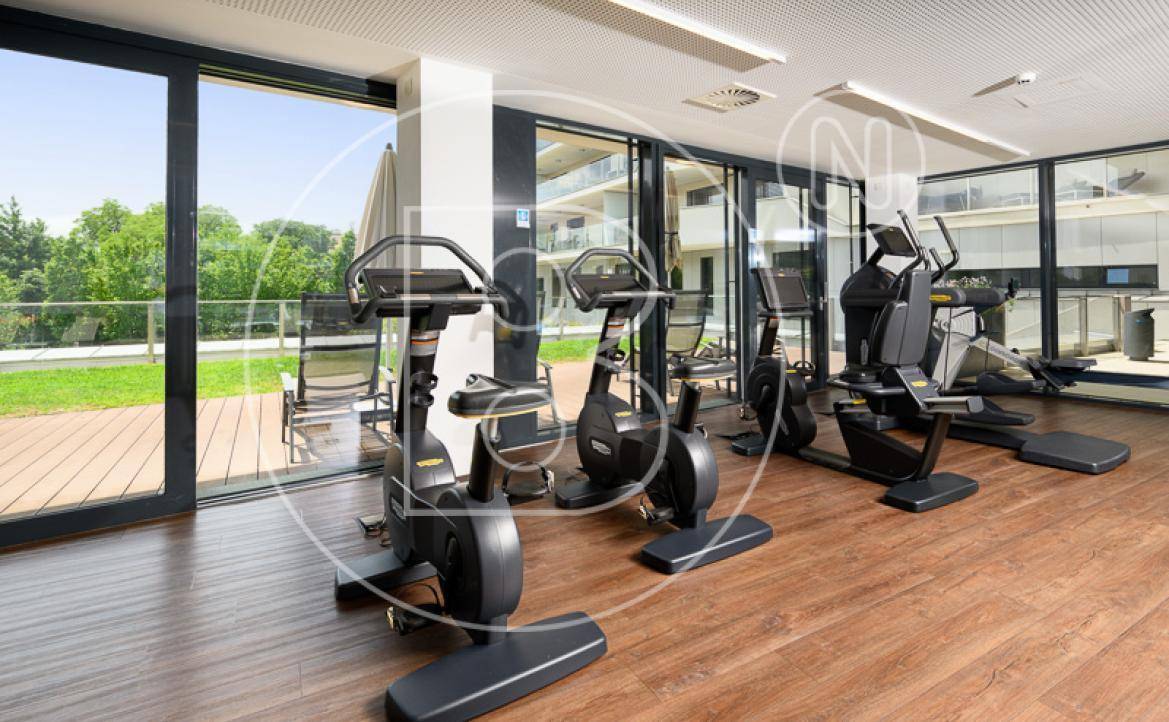 Moderner Fitnessraum mit verschiedenen Trainingsgeräten und großen Fenstern mit Ausblick.