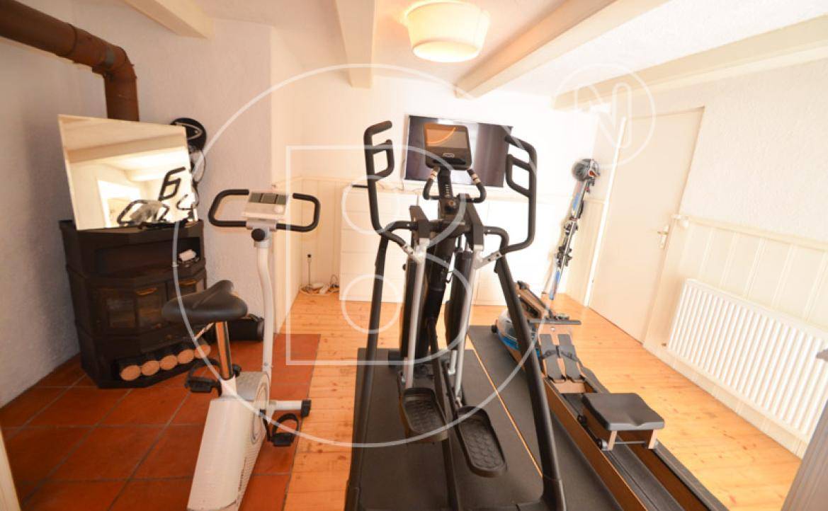 Gut ausgestatteter Fitnessraum mit verschiedenen Trainingsgeräten und Holzofen.