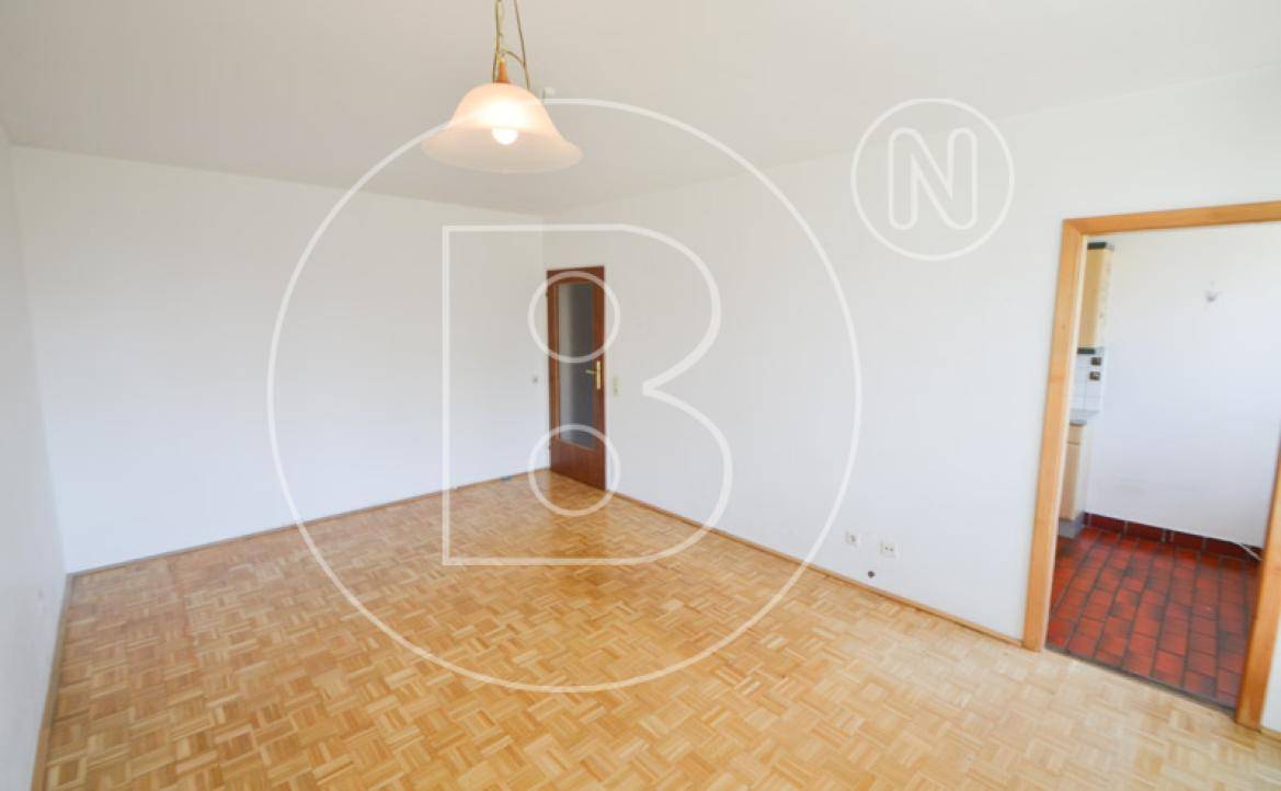 Leeres Wohnzimmer mit klassischem Parkettboden und weiß gestrichenen Wänden.