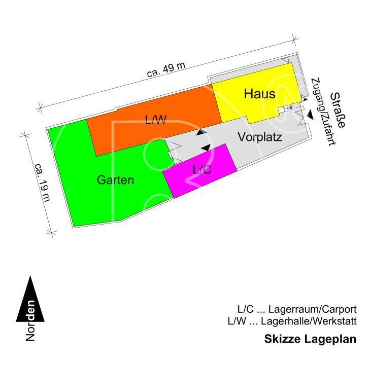 Lageplan des Grundstücks mit Haus, Vorplatz, Garten und Lagerhalle/Werkstatt.