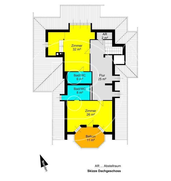 Grundriss des Dachgeschosses mit Schlafzimmern, Bädern und einem zugänglichen Balkon.