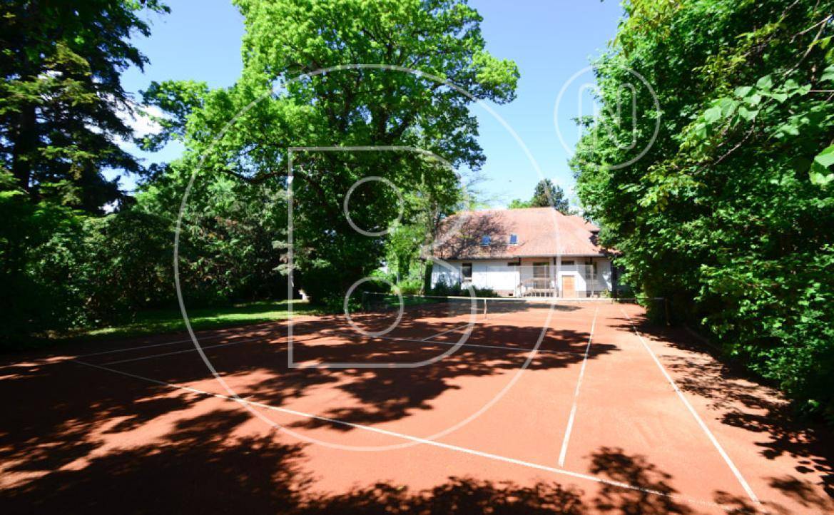 Tennisplatz mit Blick auf das Wohnhaus, eingebettet in eine grüne, baumreiche Umgebung.