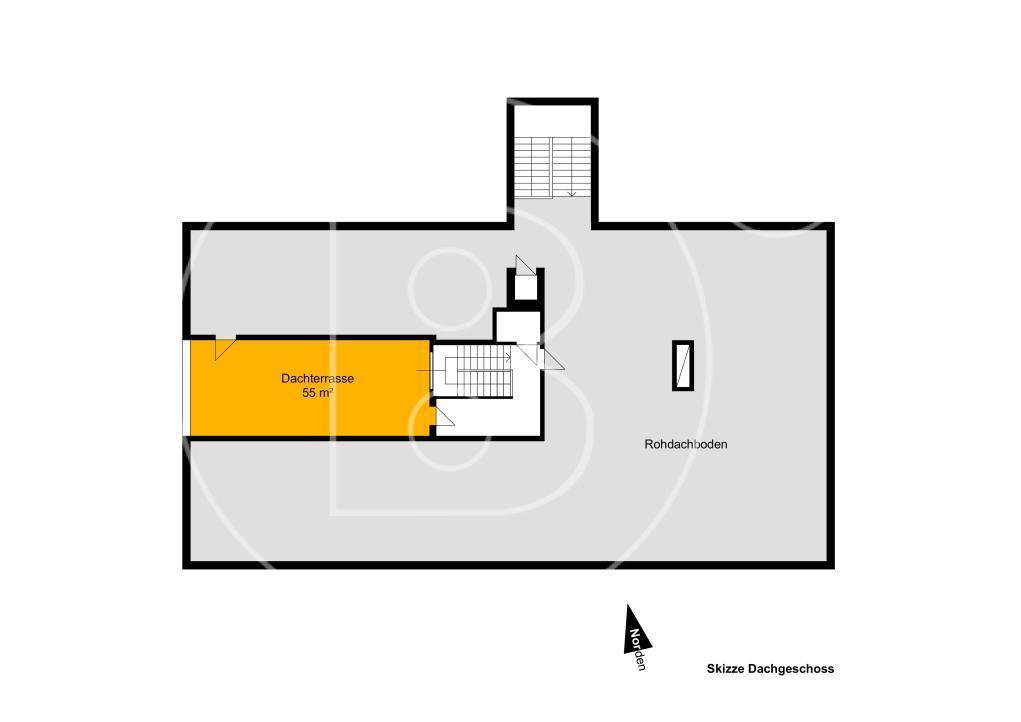 Grundriss des Dachgeschosses mit Dachterrasse und Rohdachbodenfläche.