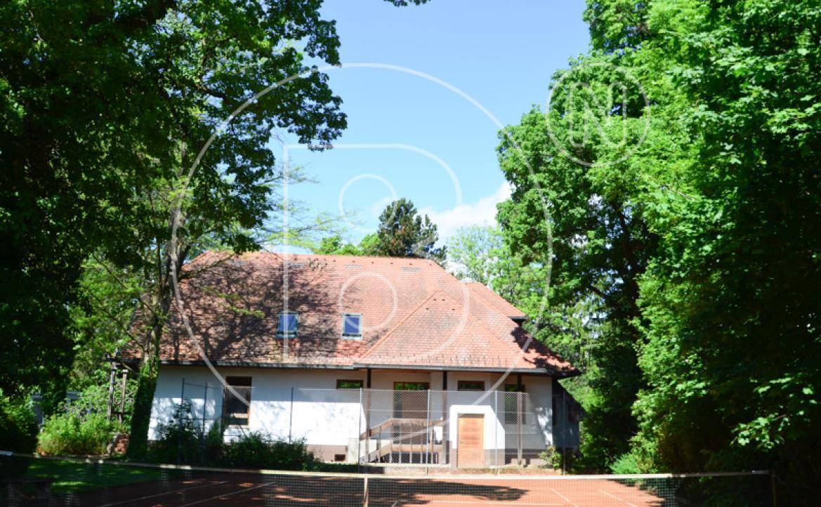 Rückansicht des Hauses vom Tennisplatz aus gesehen, umgeben von dichtem Baumbestand.