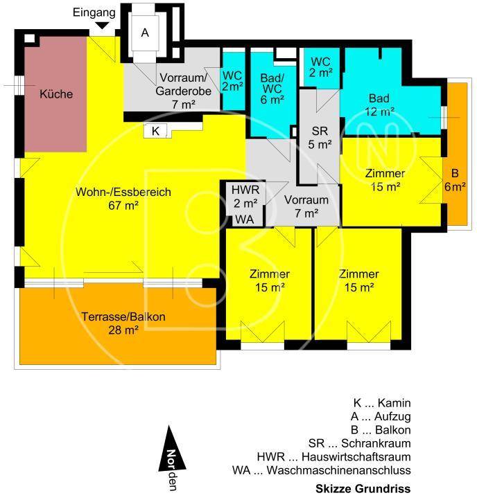Detaillierter Grundriss einer Wohnung mit offenem Wohn-Essbereich, drei Zimmern und großer Terrasse.