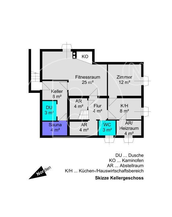Grundriss des Kellergeschosses mit Fitnessraum, Sauna, Dusche und Abstellräumen.