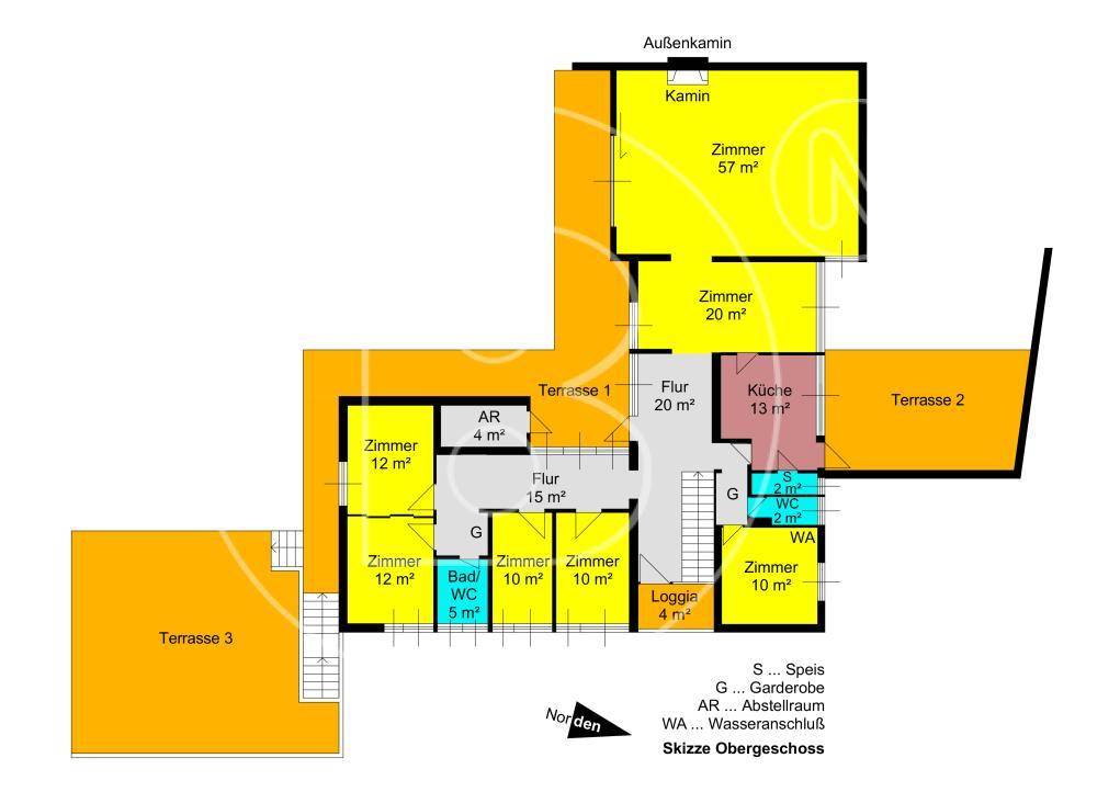 Grundriss des Obergeschosses mit Zimmern, Küche, Terrassen und einer Loggia.