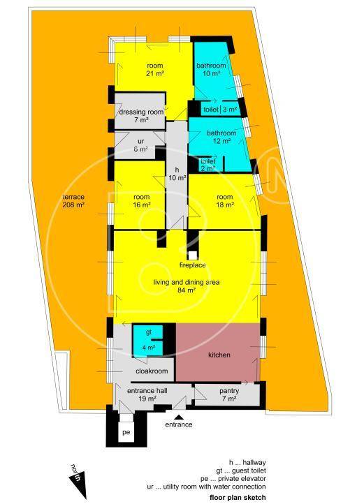 Grundriss der Wohnung mit Wohn- und Essbereich, mehreren Zimmern und großer Terrasse.