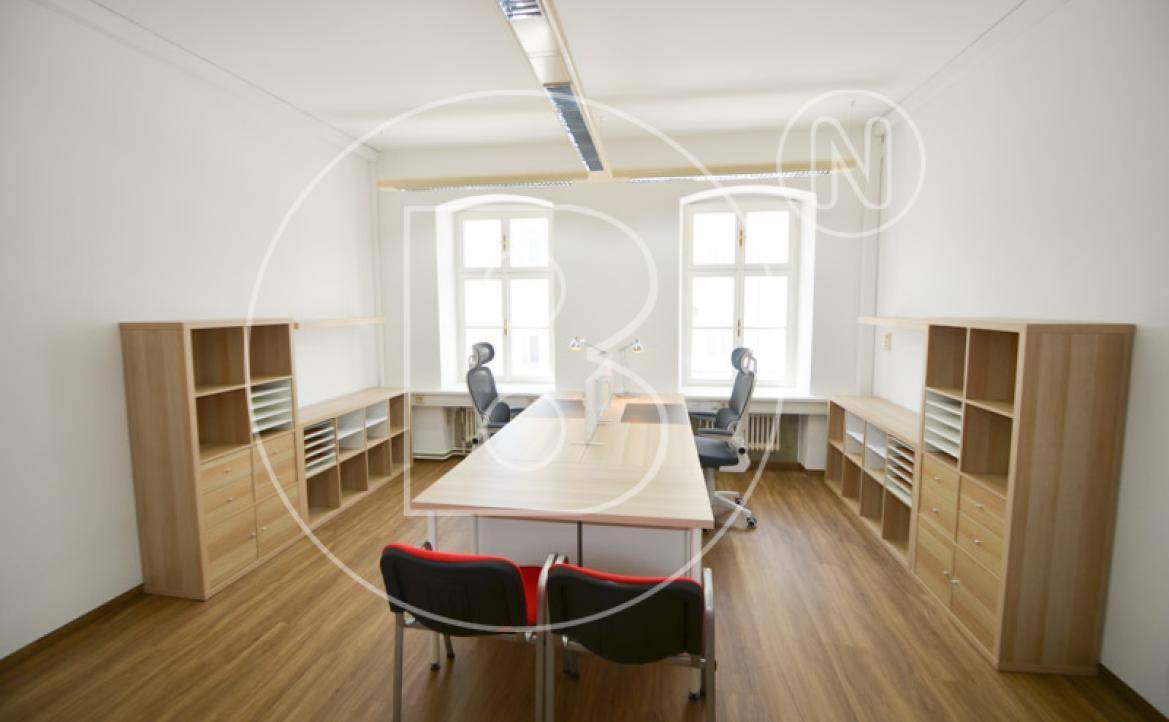 Geräumiges Büro mit Holzregalen, Schreibtischen und großen Fenstern für viel Licht.
