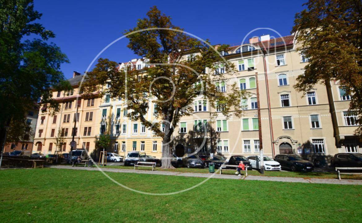 Eine weitläufige Grünfläche mit Bäumen und Bänken, umgeben von Wohngebäuden unter blauem Himmel.