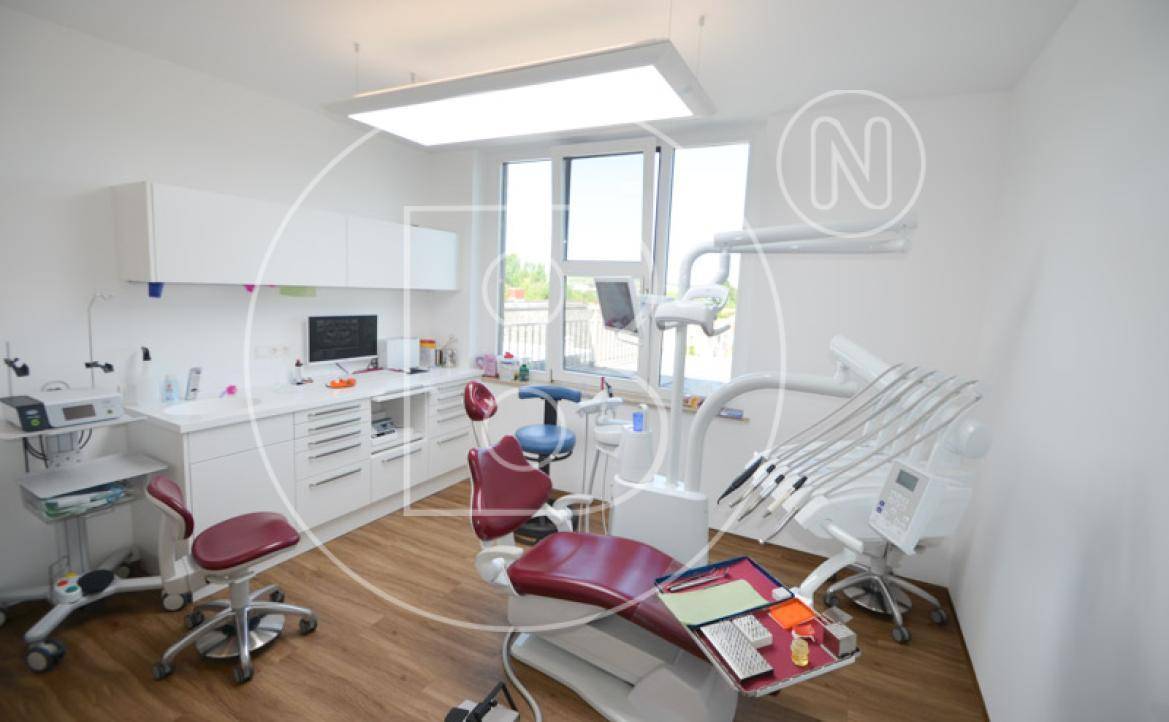 Moderner zahnärztlicher Behandlungsraum mit Behandlungsstuhl, weißen Schränken und großem Fenster.