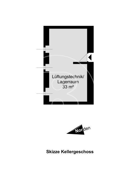 Grundriss des Kellergeschosses mit einem großen Raum für Lüftungstechnik und Lagerung von 33 m².