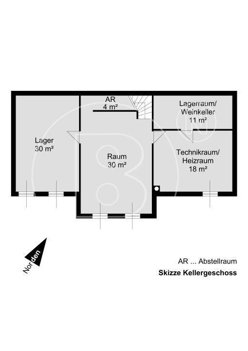 Grundriss des Kellergeschosses mit Lagerräumen, Technikraum und Weinkeller.