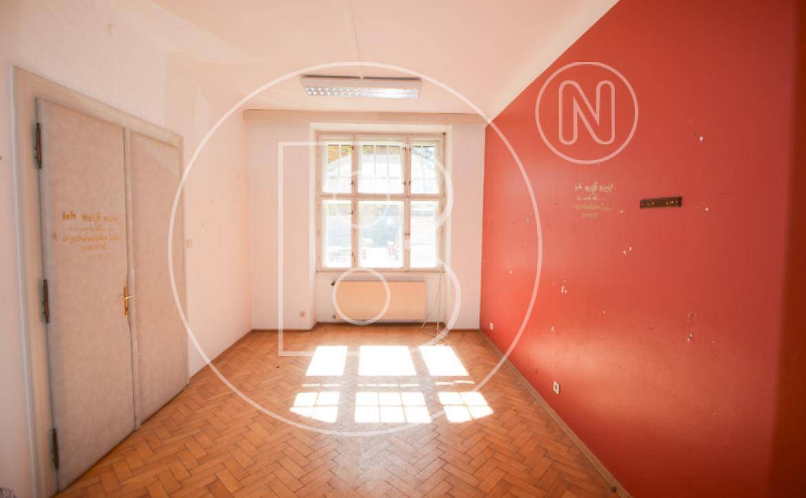 Ein leerer Raum mit Fischgrätparkett, einer roten Akzentwand und einem Fenster.
