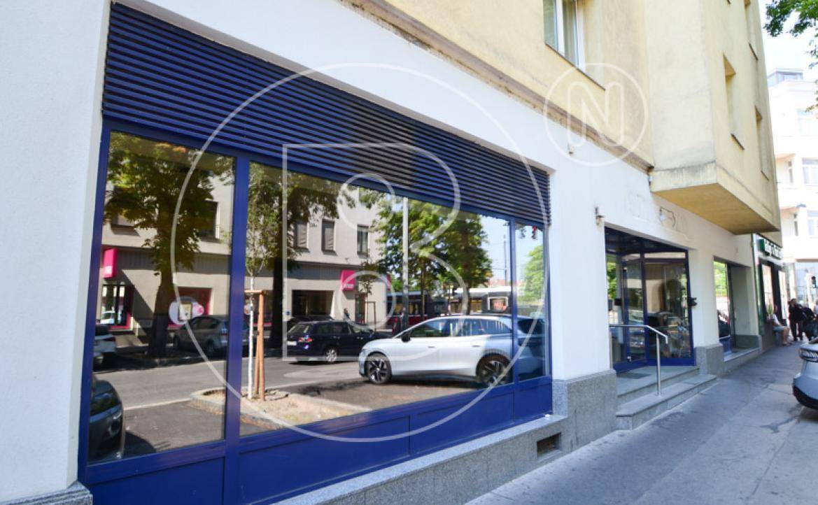 Detaillierte Ansicht der blauen Ladenfront mit großen Schaufenstern, die die Straße widerspiegeln.
