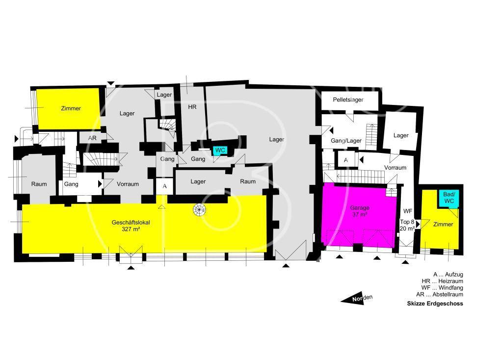 Grundriss des Erdgeschosses mit Geschäftsflächen, Lagerräumen und Garage.