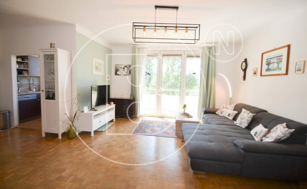 Heller Wohnbereich mit Sofa, Fernseher und großen Fenstern, die viel Tageslicht hereinlassen.