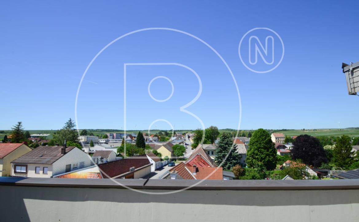 Panoramablick von der Dachterrasse über eine ländliche Siedlung und grüne Felder.