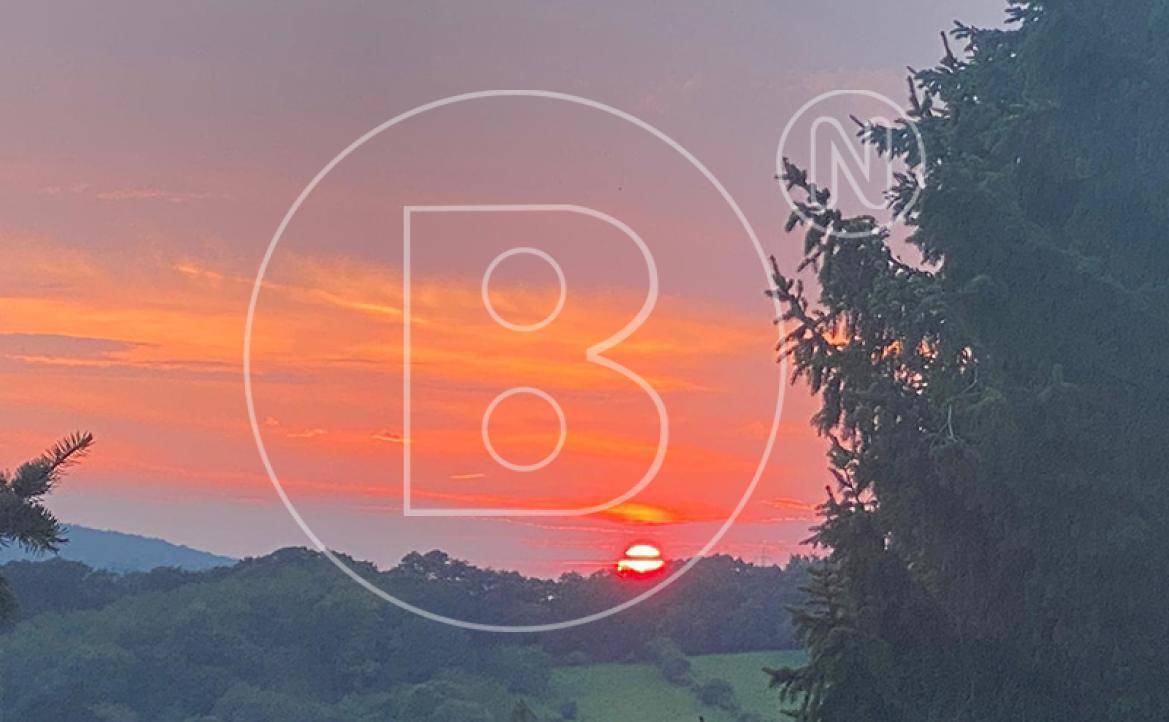 Atemberaubender Sonnenuntergang über einer hügeligen Landschaft mit Bäumen im Vordergrund und leuchtendem Himmel.
