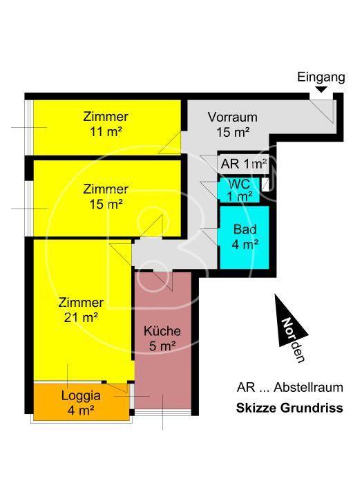 Grundriss einer Wohnung mit drei Zimmern, Küche, Bad, WC und einer Loggia.
