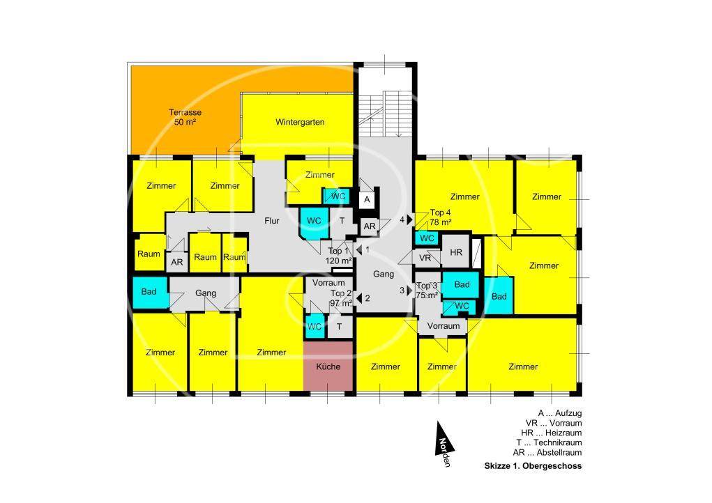 Grundriss des ersten Obergeschosses mit Wohnungen, Wintergarten und Terrasse.