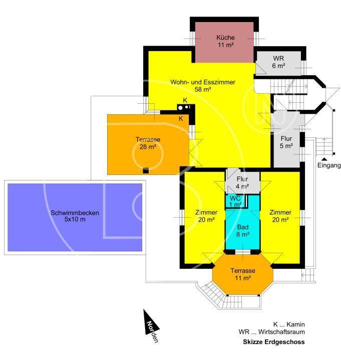 Grundriss des Erdgeschosses mit offenem Wohn-Esszimmer, Küche, Bädern und Terrassen.