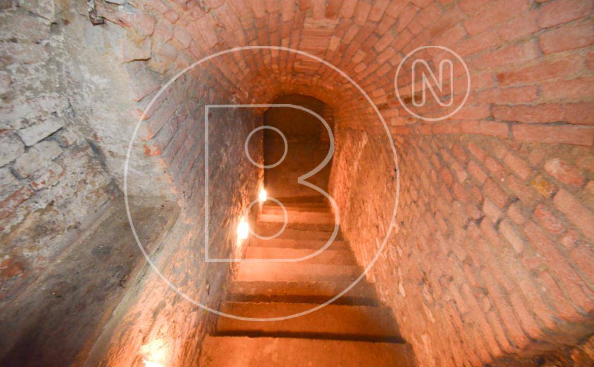 Historischer Keller mit Ziegelgewölbe und Steintreppe, die in die Tiefe führt.
