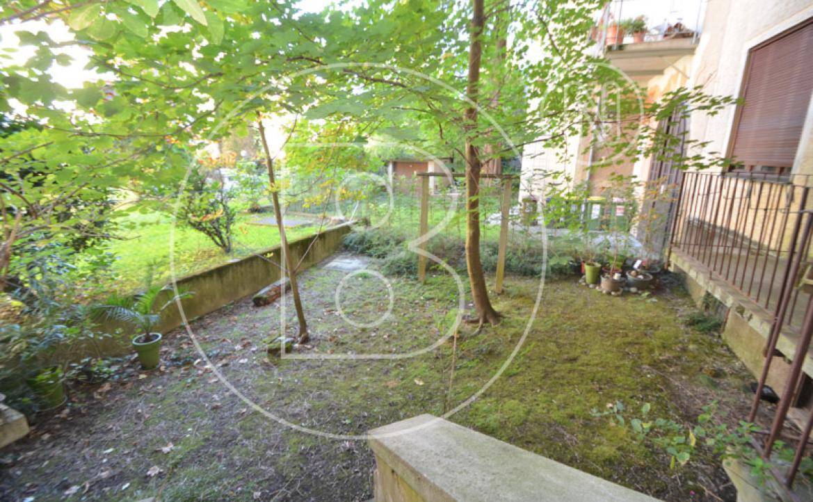 Ein kleiner, ungepflegter Gartenbereich mit Bäumen und einer niedrigen Mauer im Hinterhof.