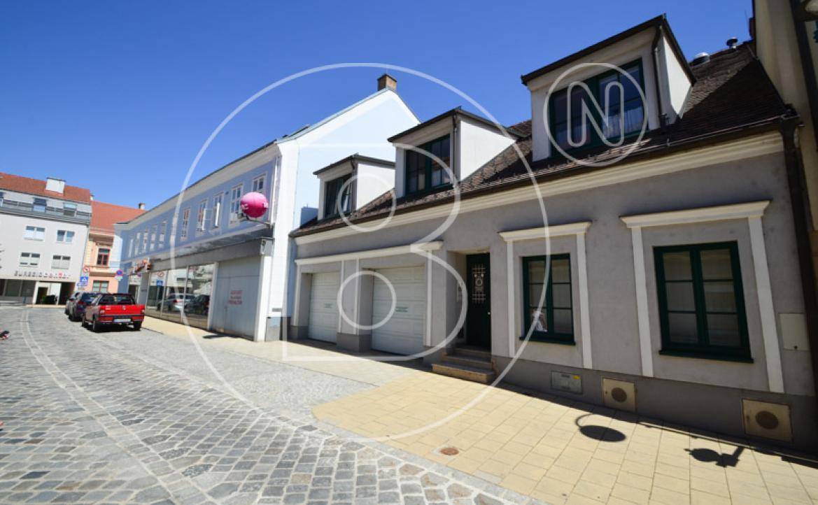Historische Gebäude an einer gepflasterten Straße mit Garagen und Dachgauben.
