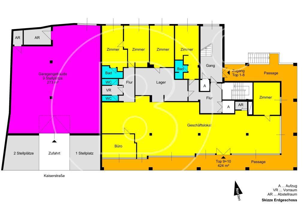 Grundriss des Erdgeschosses mit Geschäftsräumen, Büros und Garagenstellplätzen.