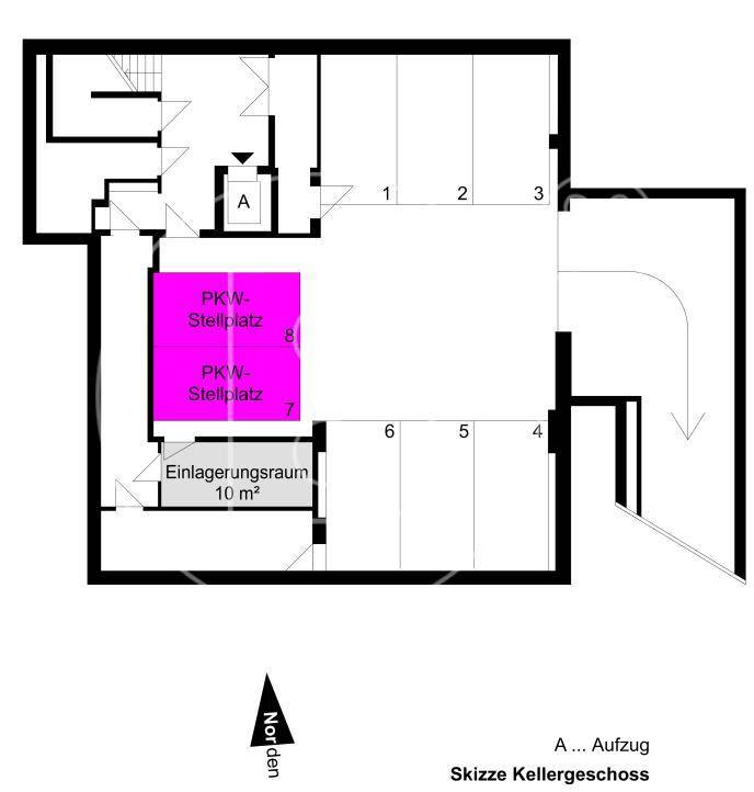 Grundriss des Kellergeschosses mit mehreren PKW-Stellplätzen und einem separaten Einlagerungsraum.