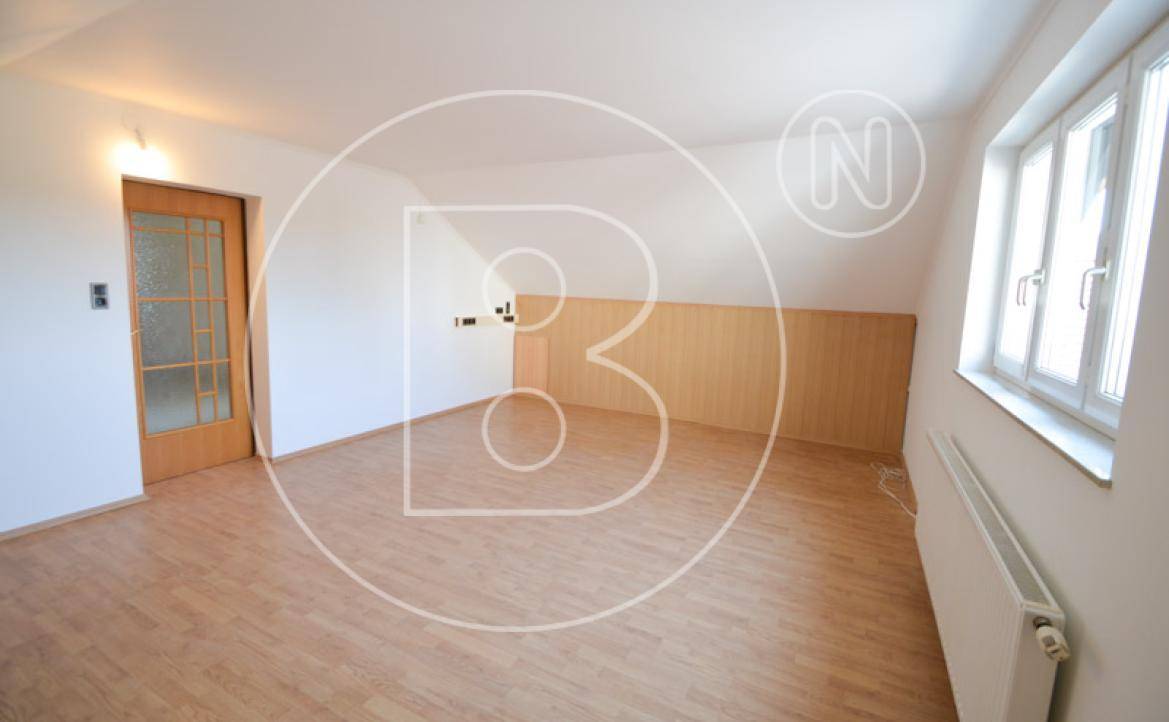 Geräumiger Dachbodenraum mit Laminatboden, Holztür und Dachschrägen, bereit für die Gestaltung.