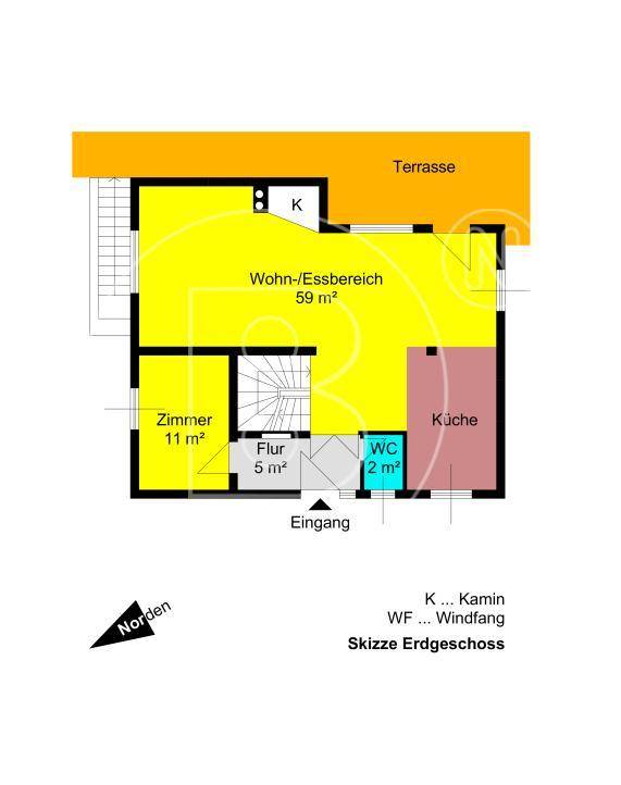 Grundriss des Erdgeschosses mit offenem Wohn-Essbereich, Küche und Terrasse.