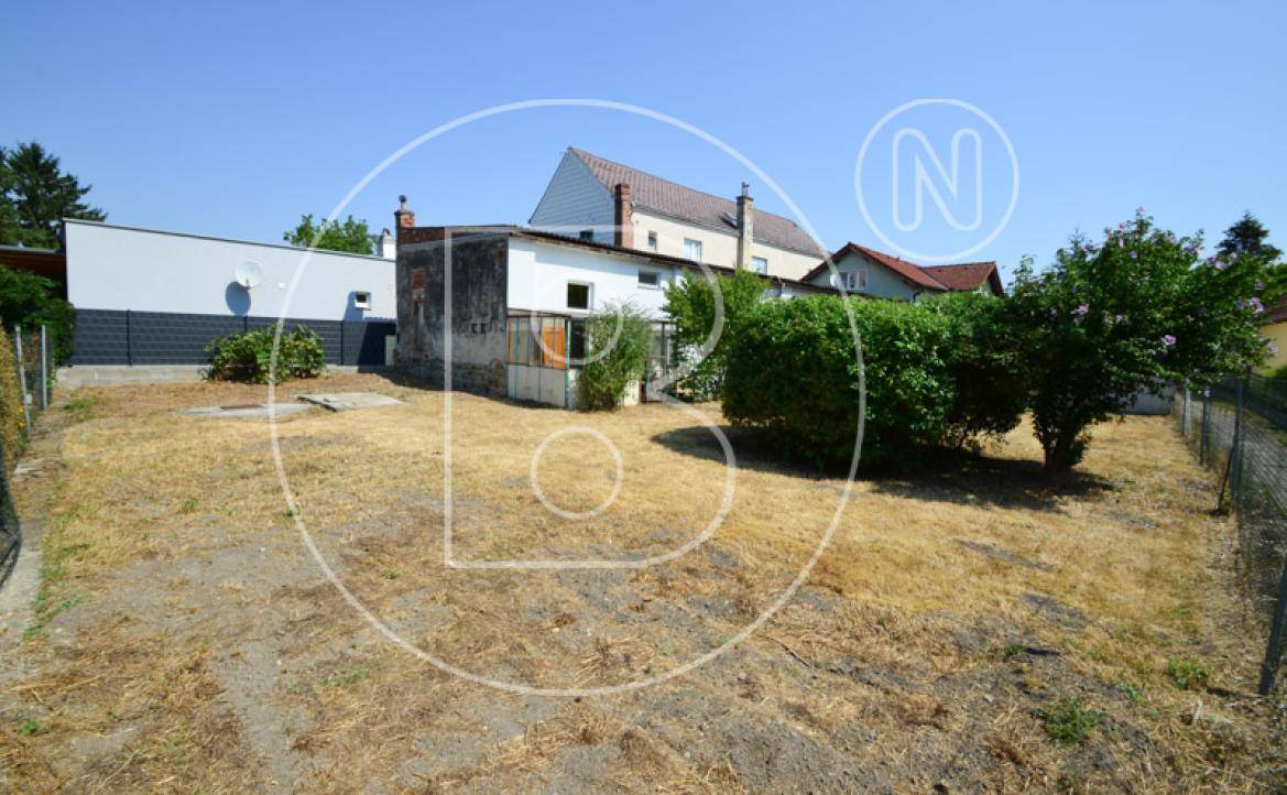 Weitläufiger Gartenbereich mit trockenem Gras und Blick auf weitere Gebäude in der Ferne.