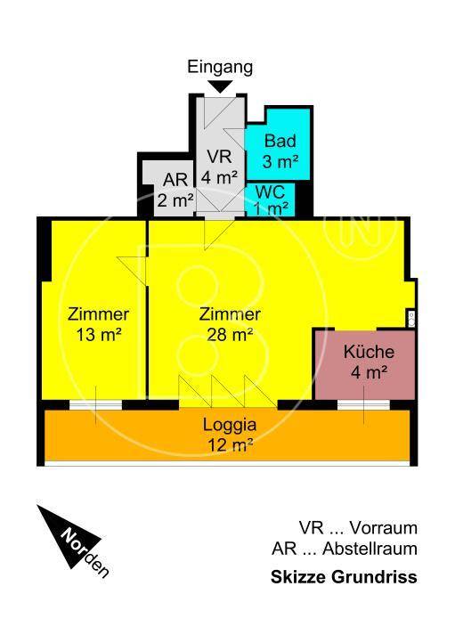 Grundriss einer Wohnung mit Loggia, zwei Zimmern, Küche, Bad und separatem WC.