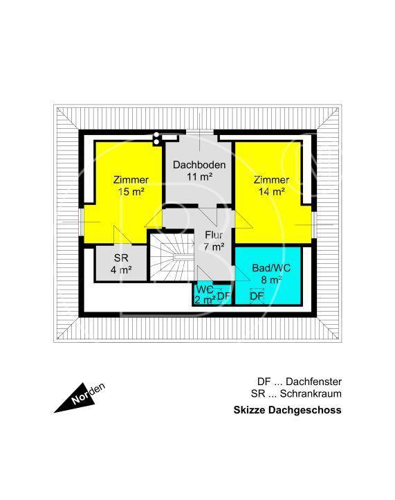 Grundriss des Dachgeschosses mit Schlafzimmern, Bad/WC und Schrankraum.